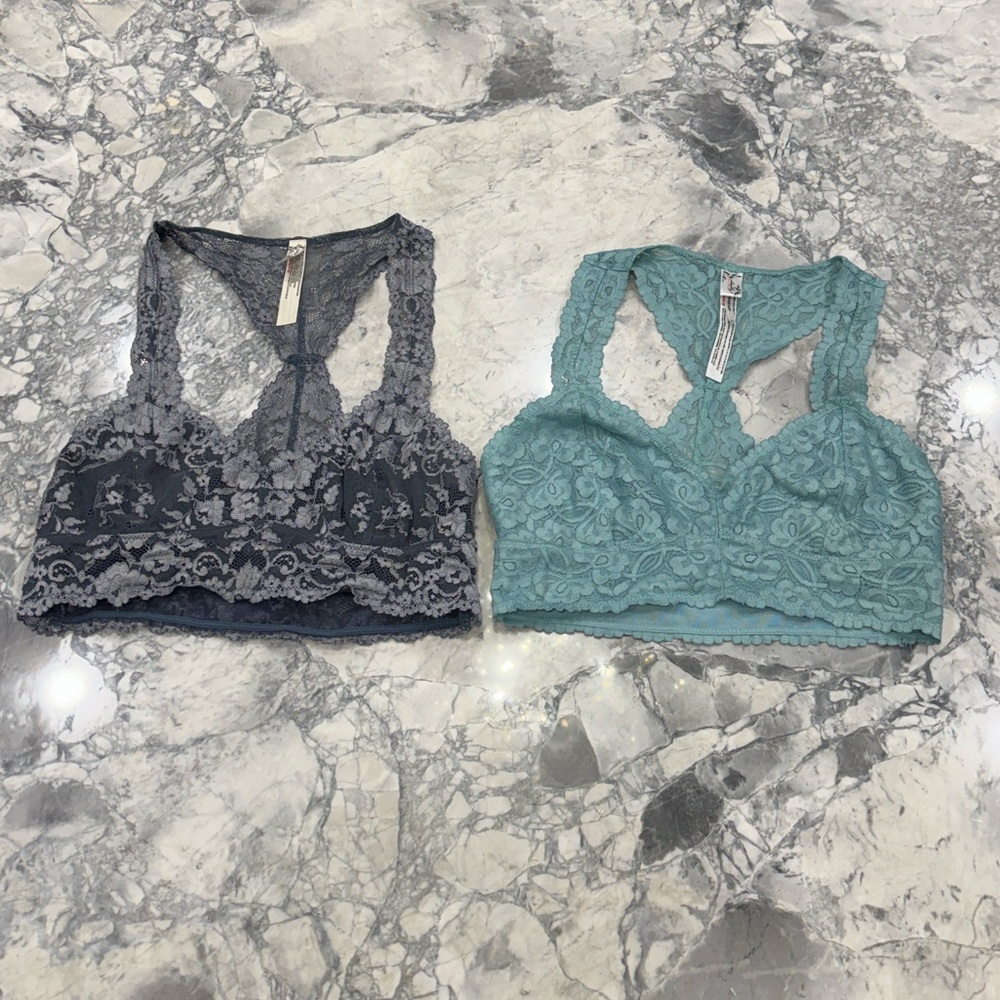 2- FP Movement by Free People Lace Bralette Duo in Charcoal and Aqua